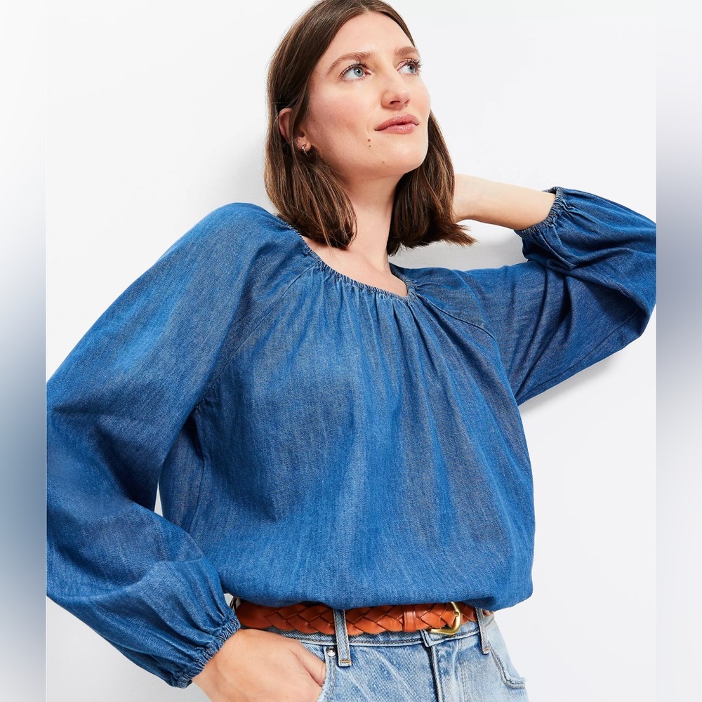 LOFT Shirred Chambray Puff Sleeve Elasticized Cuff Flouncy Blouse Size XL NWT